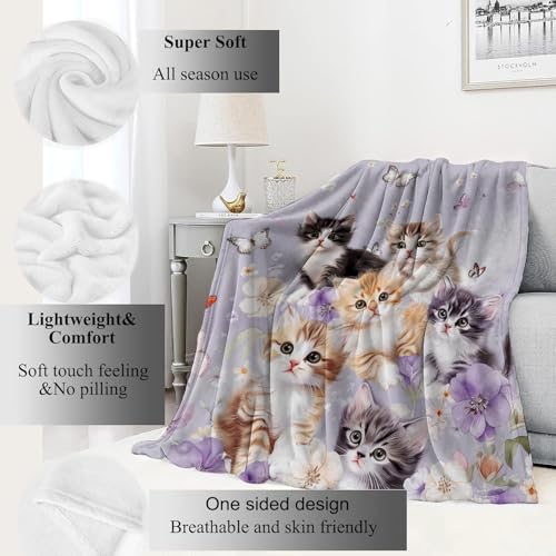 Adorable Kitten Blanket Cute Cat and Butterfly on Lavender Throw Blankets Gifts for Girls Women Adults Lightweight Soft Fleece Cozy for Sofa Couch Bed Room Travel Birthday Decor 50x60in - color: Cat, size: 50x60in