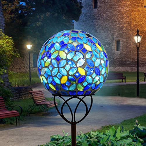 VCUTEKA Solar Outdoor Lights Garden Decor Mosaic Solar Garden Lights Waterproof Glass Ball LED Pathway Stake Light for Landscape Lawn Patio Yard Decoration 6 inch, Blue - color: Multicolor