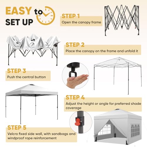 GDY 10x10 Pop Up Canopy Tent with 4 Sidewalls, Easy Set up with One Push Lift Outdoor Silver Coated Beach Gazebos, Carpas with 4 Sandbags, for Events, Parties,Camping, White. - color: White, size: 10x10 with 4 Sidewall