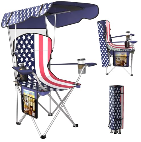 VTOY Portable Camping Chair with Canopy - Folding Chair with Canopy, Durable 600D Oxford Canopy Chair for Camping, Beach, Picnics, Fishing & Sports - color: 1pack Flag Design