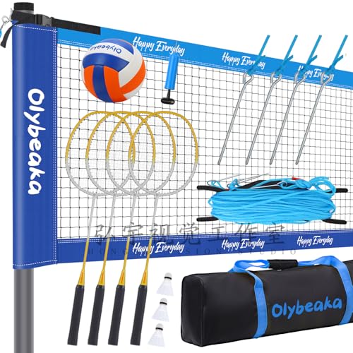 Badminton & Volleyball Combo Set 32 ft with Net, Anti-Sagging Design, 4 Badminton Rackets, 3 Birdies and PU Volleyball for Backyard Lawn Beach - color: Blue
