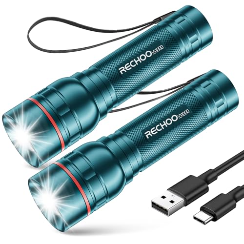 RECHOO Rechargeable Flashlight 2 Pack, Bright Military Grade Torch Light High Lumens with Adjustable Focus & 3 Lighting Modes, Lightweight Waterproof Led Flashlight for Camping Home, Teal Blue - color: Teal Blue, size: 2 Pack
