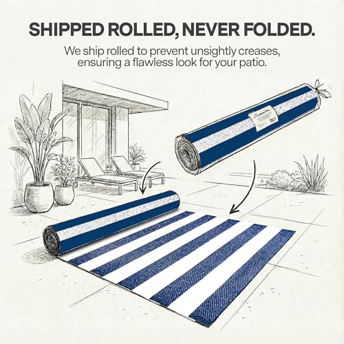 FH Home Outdoor Rug - Waterproof, Fade Resistant, Reversible - Premium Recycled Plastic - Striped - Porch, Deck, Balcony, Mudroom, Laundry Room, Patio - Brittany - Blue & White Crease Free - 3 x 5 ft - color: Brittany - Blue & White, size: 3' x 5' (Rectan