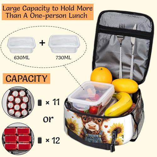 Insulated Lunch Bag,Cute Highland Cow Durable Lightweight Lunch Box for Kids,Rustic Sunflower Portable Thermal Picnic Cool Bags Girls Boys School Daycare,Work,Camping - color: Cute Highland Cow
