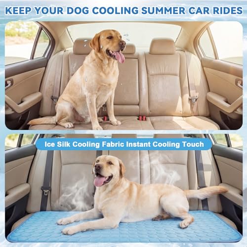 Hahafelt 54"x24.8" Dog Cooling Mat for Car Back Seat, Ice Silk Pet Bed Mat, Non Slip Summer Cooling Pad for Dogs and Cats, Fits Backseat Extenders Protector, Trucks, Suvs, Indoor & Outdoor (Sky Blue) - color: Sky Blue