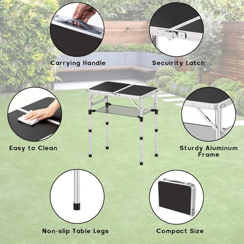 YihuiKo Small Folding Table, Aluminum 24" x 16" Adjustable Height Max 27.5" Folding Camping Table with Carrying Handle, Lightweight, Portable Camp Table for Outdoor Indoor Picnic Beach, Black - size: 24"L x 16"W x 27"H