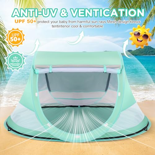Baby Beach Tent, Pop Up Beach Tent Sun Shade for Beach, UPF 50+ UV Protection Sun Shelters for Infants with Carry Bag for Outdoor Travel, Camping(Green) - color: Green
