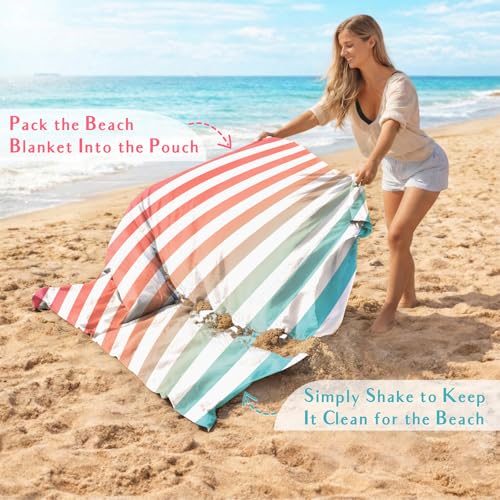 AlphaBeing Beach Blanket Waterproof Sandproof, Extra Large Beach Mat for 1–8 Adults, Oversized Picnic Blanket with 4 Stakes & Storage Bag, Essential Beach Gear for Travel - color: Coralstripes, size: 120“×108”