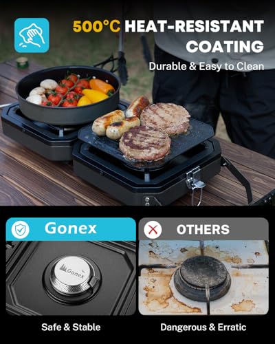Gonex 2 Burner Propane Camping Stove with Griddle & Grates, Portable Foldable Cooking Stove with Total 16,000 BTU, Two Piezo Ignition Adjustable Burners for Camping, Patio, Emergency, Hiking (Black) - color: Black