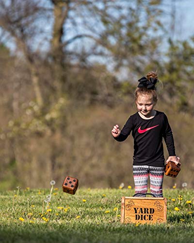 Yard Dice Giant Wooden Yard Game, 6 Solid 3.5" Wood Dice, Storage Bag, optional 5PK 5"x7" Yardzee and Yarkle Dry Erase Score cards, Great for Weddings, family reunions, Backyard BBQs and more