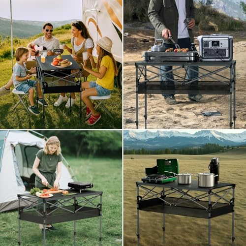 FUNYKICH Folding Camping Table(L39.4''xW19.7''), Aluminum Roll-up Portable Picnic Table with 2 Adjustable Height, Large Storage and Carrying Bag for Picnic, Camping, BBQ, Party, Backyard, Beach - size: Aluminium tabletop-39.4''x19.7''x (27.6''/34.3'')