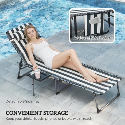 Outsunny Folding Chaise Lounge Chair Outdoor Tanning Chair with Side Table, 5-Level Adjustable Beach Lounge Chair with Headrest, Side Pocket for Patio, Backyard, Beach, Poolside, Blue and White - color: Blue and White