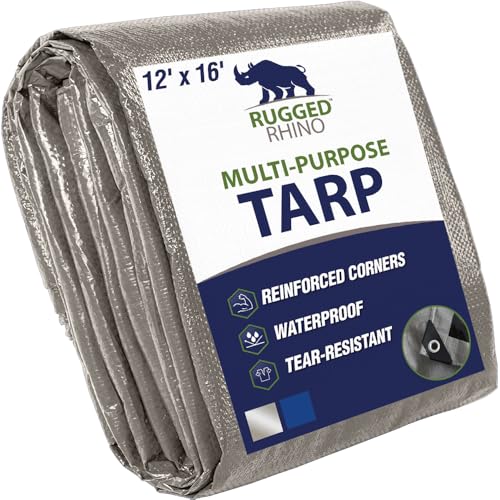 RUGGED RHINO Heavy Duty Waterproof Tarp, 12x16, UV and Tear Resistant Cover with Reinforced Grommets and Corners, Outdoor Multipurpose Tarps for Camping, Patio, Garden, Car & Roof 5 Mil 1 Pack, Silver - color: Silver, size: 12' X 16'