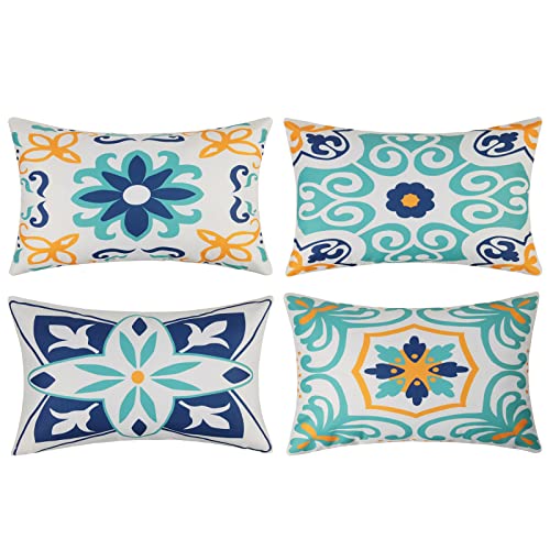 Pyonic Outdoor Waterproof Throw Pillow Covers Set of 4 Floral Printed and Boho Farmhouse Outdoor Pillow Covers for Patio Funiture Garden 12x20 Inch Blue - color: Blue, size: 20" x 12" (Pack of 4)