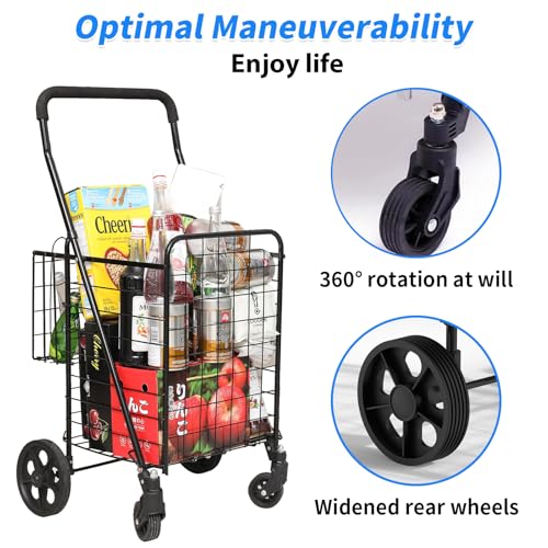 Folding Shopping Cart, Rolling Trolley with 360° Swivel Wheels Height Adjustable Grocery Cart for Laundry, Baggage, Picnic - size: Medium - Basic