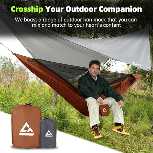 Camping Hammock Mosquito Net with Rain Fly - Rain Fly Tarp & Hammock Bug Net, Portable Parachute Nylon Hammock for Outdoor, Hiking, Backpacking, Backyard, Beach, Travel (Hold Up to 500lbs) - color: Orange