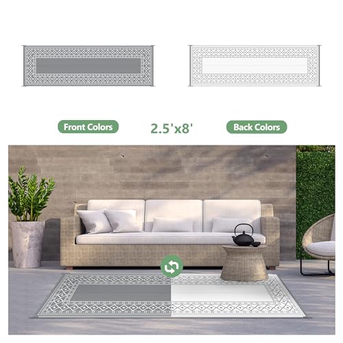 GENIMO Outdoor Rug Waterproof for Patio, 2.5'x8' Foldable Reversible Plastic Straw Runner Rugs and Carpet for Porch, Outside Area Mat for Rv, Deck, Picnic, Camper, Balcony, Beach, Grey & White - color: Grey & White | Natural, size: 2'6" x 8' (Runner)