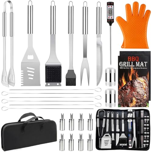 28PCS Stainless Steel BBQ Grill Accessories Set, Grilling Gifts for Men Birthday Father's Day, Portable Multifunction Grilling Utensils Tools Kit with Storage Bag for Outdoor Grill Camping BBQ Party - color: 28PCS- Complete