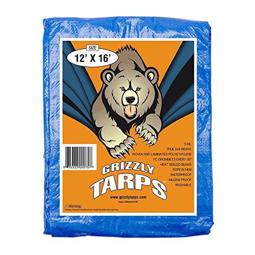 Grizzly Tarps by B-Air 12' x 16' Large Multi-Purpose Waterproof Heavy Duty Poly Tarp with Grommets Every 36", 8x8 Weave, 5 Mil Thick, for Home, Boats, Cars, Camping, Protective Cover, Blue - size: 12x16