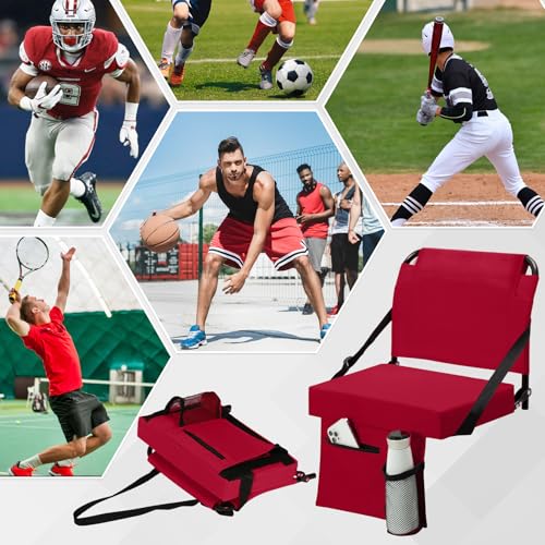 2pcs Stadium Seat for Bleachers with Back Support，Portable Bleacher Chairs with Back and Cushion，Includes Shoulder Strap and Cup Holder - color: Maroon,2 Pack