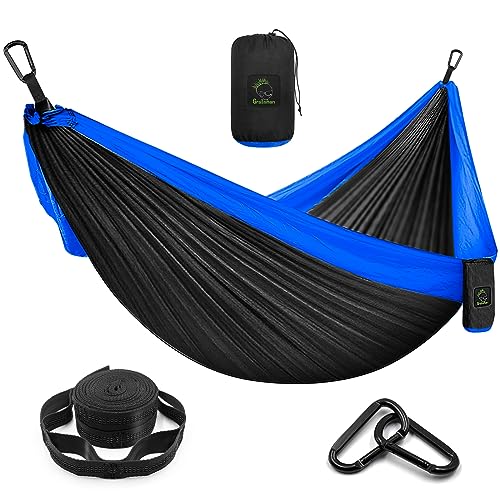 Grassman Camping Hammock Double & Single Portable Hammock with Tree Straps, Lightweight Nylon Parachute Hammocks Camping Accessories Gear for Indoor Outdoor Backpacking, Travel, Hiking, Beach - color: Black & Sapphire, size: Two Person
