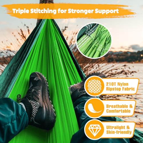 NATUREFUN Ultra-Light Travel Camping Hammock | 300kg Load Capacity,Breathable,Quick-Drying | 2 x Premium Carabiners,2 x Nylon Slings Included | Outdoor Indoor Garden - color: Light Green/Dark Green, size: 300x200cm