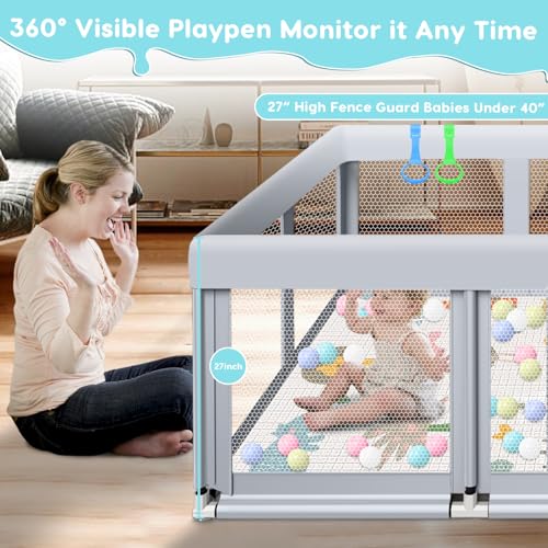 Fshibila 74" ×50" Large Baby Playpen, Baby Playard for Babies and Toddlers, PlayPen for Indoor & Outdoor, Sturdy Safety Play Yard with Soft Breathable Mesh, Ball x 18, Handle x 2, Mat x 1, Grey - color: Grey, size: 74 × 50 IN + Mat&handle&ball