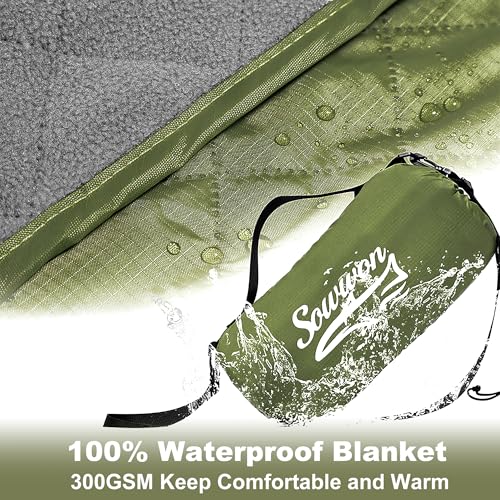 Waterproof Outdoor Blanket 82”X 55” Packable, Stadium Blankets for Camping with Quilted Fleece Lining, Large Windproof Emergency Throw Mat for Garss Picnic Hiking Road Trip, Machine Washable, Green - color: Fleece Green-300 Gsm, size: 82"x 55"