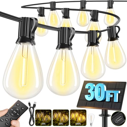 30FT Solar String Lights Outdoor Waterproof, 10+1 LED Solar Powered Lights with Remote Control, 3 Light Modes & Dimmable, USB-C Charging for Patio, Backyard, Garden, Camping - size: 30FT