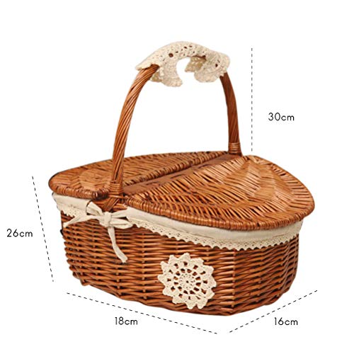 Walfront Traditional Brown Wicker + Linen Picnic Basket 26 * 18 * 16cm Handle Height 30cm with Insulated Lining and Cutlery Set