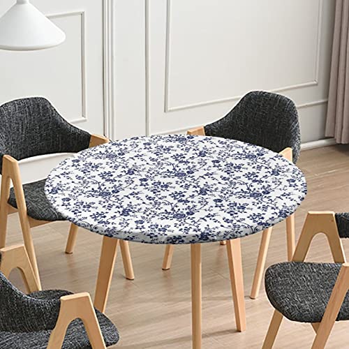 Pastoral Style Flower Round Fitted Tablecloth, Blue Floral Elastic Edge, 44" Diameter, Fits Tables 36" - 40" Diameter - color: Blue, size: 32" (Round)