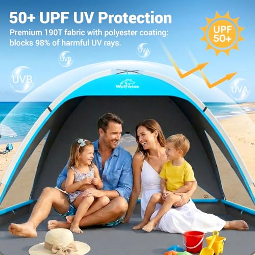 Wolfwise Large Beach Tent Sun Shelter for 3-4 Person, Spacious Sun Shade UPF 50+ UV Protection, Extendable Floor for Privacy, 3 Ventilated Mesh Windows, Carrying Bag, 95 ″x65″x55″,Black Coating - color: Black Coating
