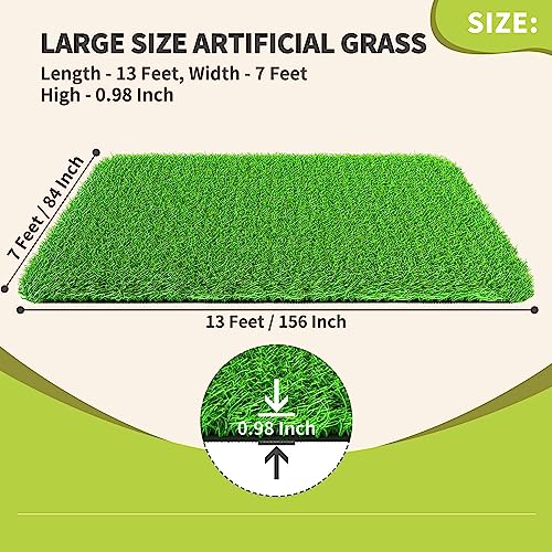 LOOBANI Artificial Grass Rug Indoor Outdoor, Realistic Synthetic Grass with Drainage Holes, Artificial Grass Turf for Balcony Garden Landscape Decoration, 7 Feet x 13 Feet - size: 7 Feet X 13 Feet