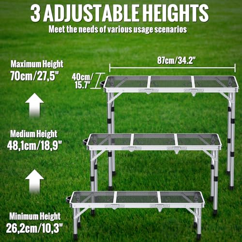 GARLLEN Folding Grill Table, 3 Adjustable Height Portable BBQ Table with Heat-Resistant Mesh Tabletop, Lightweight Aluminum Camping Tables for Outdoor, Grill, Picnic, 34.2" L x 15.7" W, Silver - color: Silver, size: Tabletop Size: 34.2"l X 15.7"w