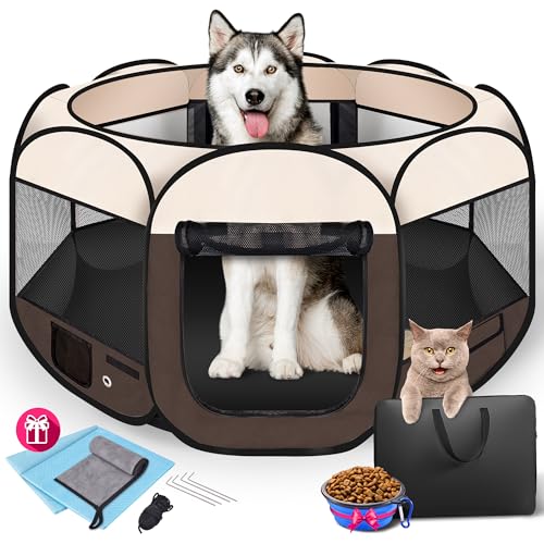 Dog Playpen 45", HOMAGICO Pet Playpen for Indoor Cats Enclosed, Portable Dog Cage Outdoor Tent Crate with Carrying Case, Water-Resistant and Removable Shade Cover,Brown - color: Brown