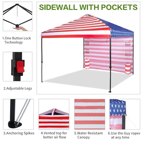 Tunbne 10'x10' Pop Up Canopy Tent with 1 Sidewall and 6 Pockets, One Push Setup, Instant Shade Tent with Vented Roof for Beach Patio Outdoor, Case, 8 Stakes, 4 Ropes, 4 Sandbags (Flag, 10x10) - color: Flag, size: 10x10