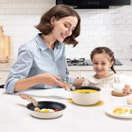 Pots and Pans Set Nonstick - YIIFEEO Stackable Camping Cookware Pots and Pans Set Detachable Handle Kitchen Cookware Sets Removable Handle, Non Toxic Nonstick Frying Pans for Cooking Pot Set Gift - color: Black Beige