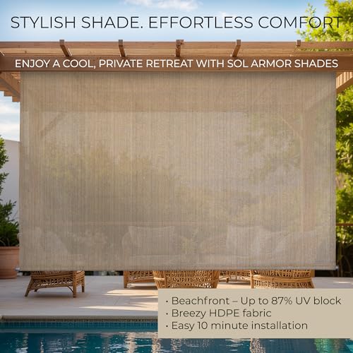 Outdoor Patio Roll Up Shade for Use on Exterior Porch, Patio, Window and More | High Density Polyethylene Privacy Screen Blocks 87% of UV Rays | Hardware Included | 7 ft Wide | Beachfront - color: Beachfront, size: 84"W x 72"H