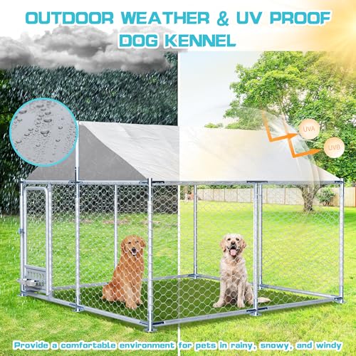 7.5ft×7.5ft Outdoor Large Dogs Kennels Enclosure - Outside Dog Cage with Waterproof roof Cover, Galvanized Steel Dogs House Fence Playpen with Rotating Feeders for Patio Backyard Farm Gardens - size: 90"D×90"W×63"H- w/rotating feeders