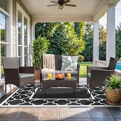 GENIMO 6' x 9' Outdoor Rug Waterproof for Patio Decor, Foldable Reversible Plastic Straw Area Rugs Mat for Camper, Morden Carpet for Outside, Rv, Deck, Porch, Picnic, Beach, Balcony, Black & White - color: Black&white, size: 6' x 9' (Rectangular)