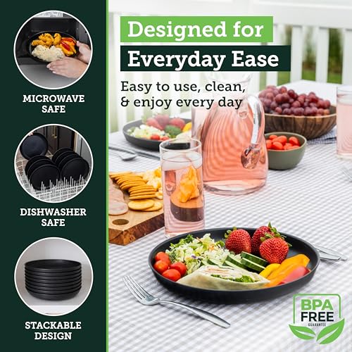 Grow Forward Premium Wheat Straw Plates - 10 Inch Reusable Hard Plastic Dinner Plates Set of 8 - Unbreakable Microwave Safe Plates for Dessert, Camping, RV, Outdoors, Patio, Kitchen Dishes - Midnight - color: Midnight Black, size: 10 inch
