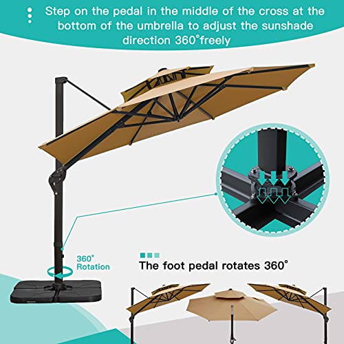 Sunnyglade 11FT Double Top Cantilever Patio Umbrella Deluxe Offset Umbrella 360° Rotation & Integrated Tilting System Heavy Duty Outdoor Umbrella for Market Garden Deck Pool Backyard Patio(Tan) - color: Tan
