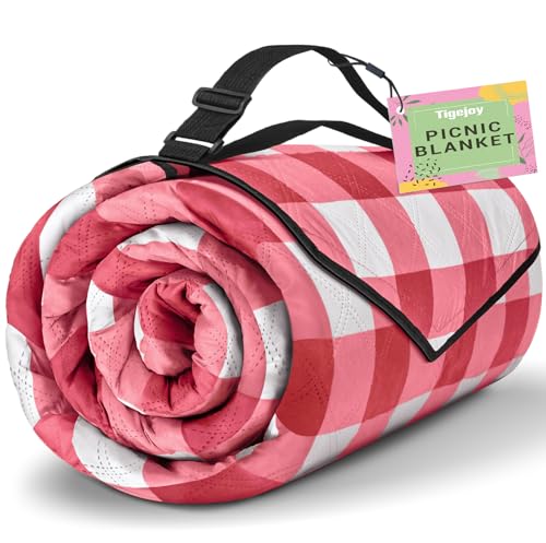 TigeJoy Extra Large Picnic Blanket Waterproof Foldable 60''x80'', Outdoor Picnic Mat Beach Blanket Sandproof for Park, Grass, Travel, Hiking, Camping Essentials, Gingham Picnic Blanket - color: Red, size: 6'8" x 5' (Rectangular)