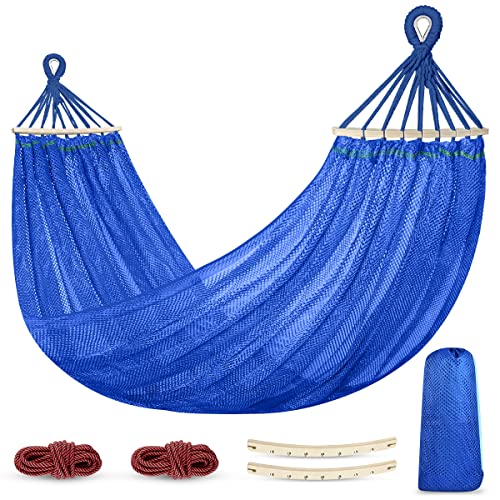 Outdoor Hammock, Super Soft and Breathable Mesh Hammock Made of Cool Nylon with Wooden Bars for Indoor, Balcony, Terrace, Garden, Camping, Backpacking - color: Blue