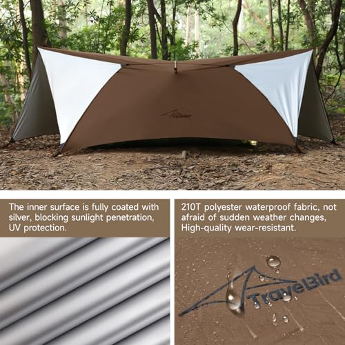 Ultralight Tarp, 14ft Hammock Rain Fly Lightweight Waterproof Camping Tent Tarp with Doors, Bushcraft Tarp Shelter for Backpacking Hiking Camping - color: Coyote Brown