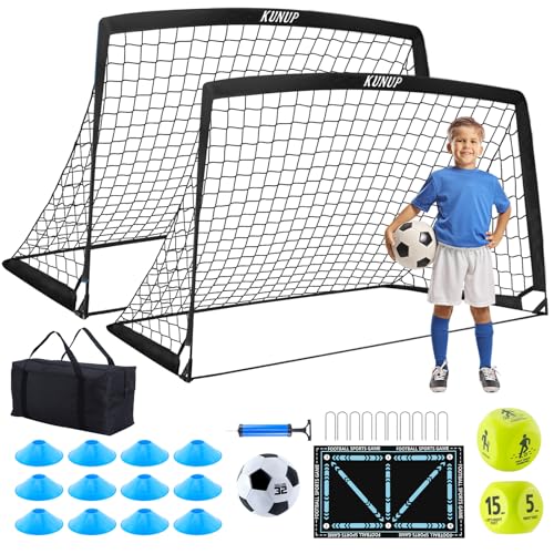 2 Set Kids Soccer Goals for Backyard with Training Equipment, Portable Foldable Practice Nets with Ball, Dice & Mat, Cones, Air Pump and Carry Bag for Toddler Youth Outdoor Sports Game - color: Black, style: 5x3FT