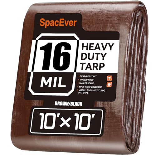 10x10 FT Tarp Waterproof, 16 Mil Tarps Heavy Duty Waterproof Multipurpose Protective Cover UV Resistant Rip & Tear Resistant with Grommets Reversible for Home Boats Cars Camping - color: Brown/Black, size: 10x10