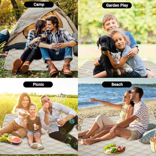 Hi Space Picnic Blankets Extra Large 80''x60'' Picnic Mat Waterproof Foldable Beach Picnic Blanket Washable Park Blanket Outdoor Blanket for Grass Lawn Camping (Khaki Argyle) - color: Khaki Argyle
