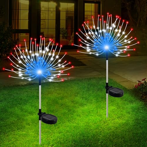 Slyuexu Solar Garden Lights Outdoor Waterproof, 2 Pack 120 LED Solar Firework Lights Decorative Garden Décor Outside for Flowerbed Pathway Party Christmas Decoration, 4th of July Decor, Multicolor - color: American Color, size: 2 Pack