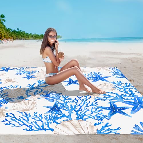 Beach Blanket Sandproof, 78”x 86” Large Waterproof Sand Free Beach Mat with 4 Stakes, Big Compact Lightweight Blue Outdoor Accessories for Beach, Picnic, Camping, Summer Vacation - color: Blue Starfish, size: 6.5x7.2 FT (1～4 person)